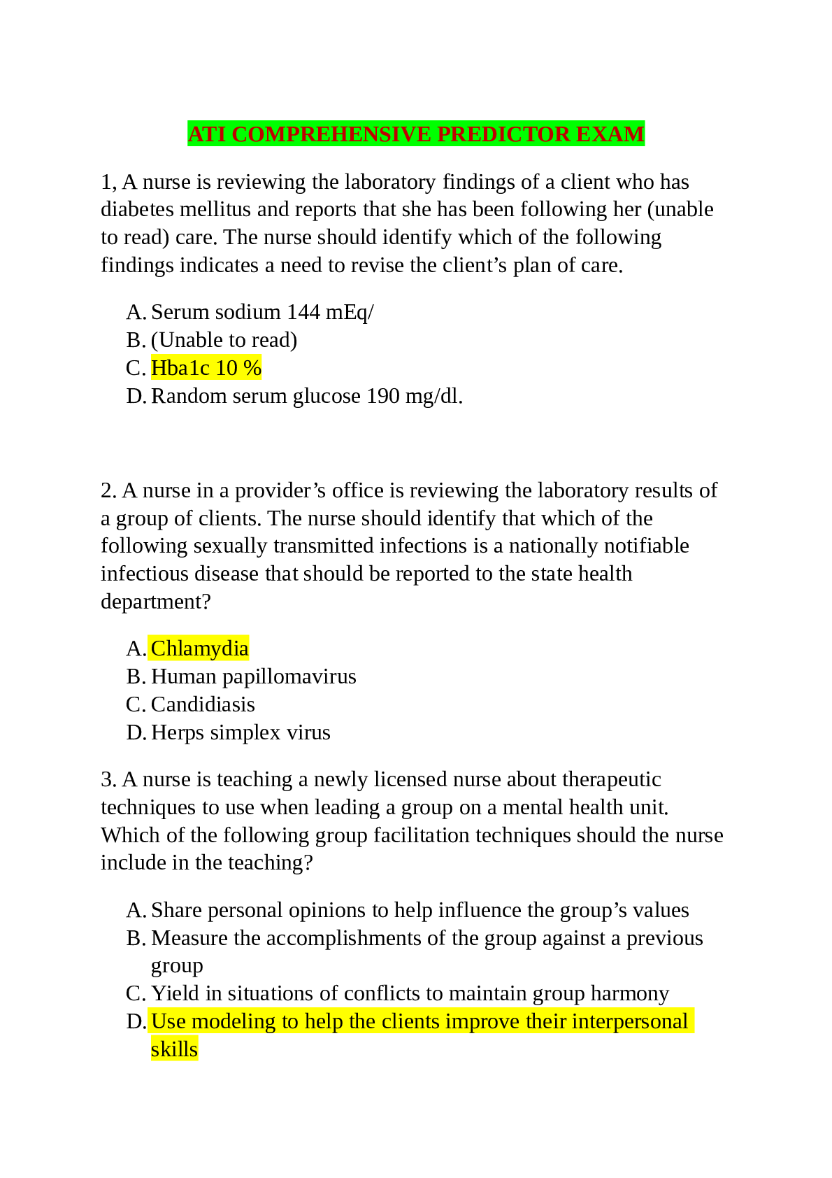 Preview image for ATI COMPREHENSIVE PREDICTOR EXAM